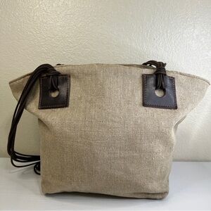 Lines Vintage Pollini Canvas Purse Shoulder Handbag Leather Handles Italy